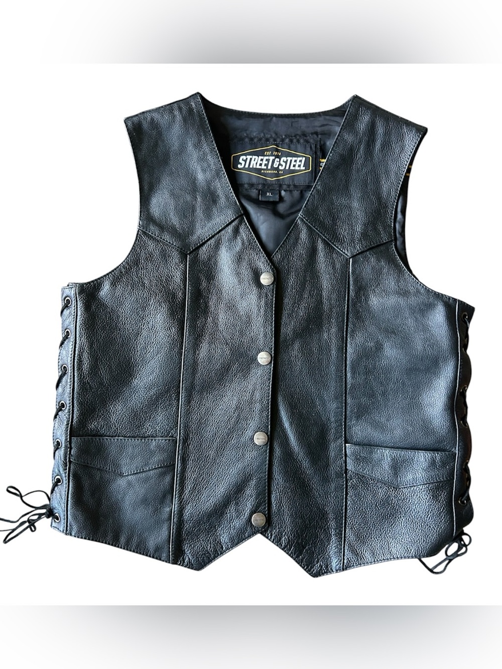 Street & Steel Leather Motorcycle Vest Womens XL Black Lace Side Biker Cruiser